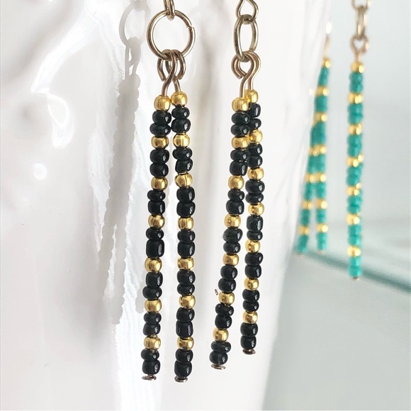 New Hand Beaded Dangling Earrings Black Golden Dainty Elegant Modern Classic - Picture 5 of 8